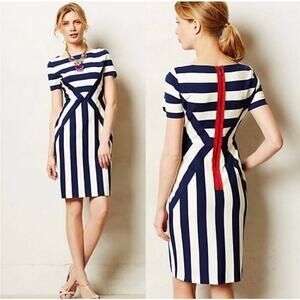 NWT Esley Navy Blue & White Striped Sheath Dress with Red Back Zipper Small